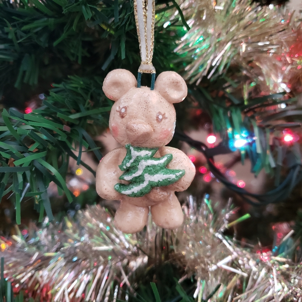 New Handmade Salt Dough Bear with Tree Ornament